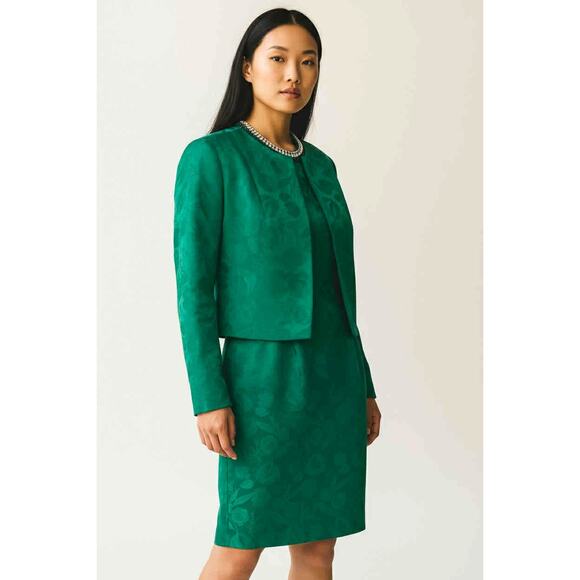 Vintage 1960s Emerald Satin Brocade 2-Piece Dress & Jacket Set Suit No Label S/M - Picture 1 of 4